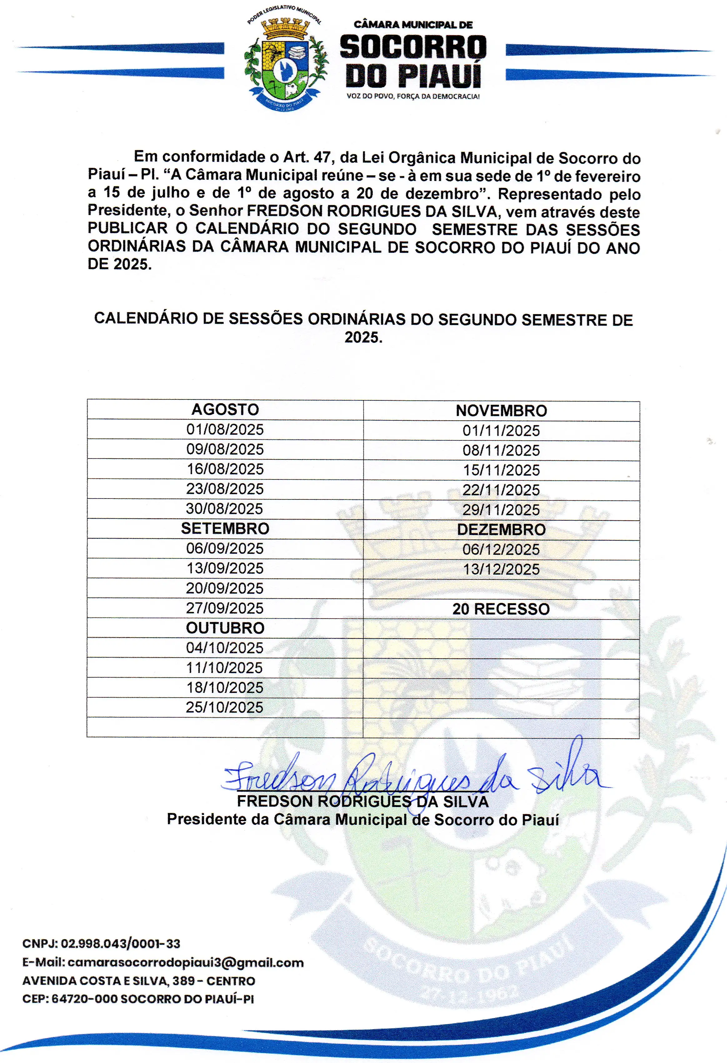Calendário da Sessão 2º Semestre